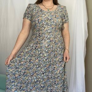 Vintage Jonathan Martin Blue and Green Floral Midi Dress